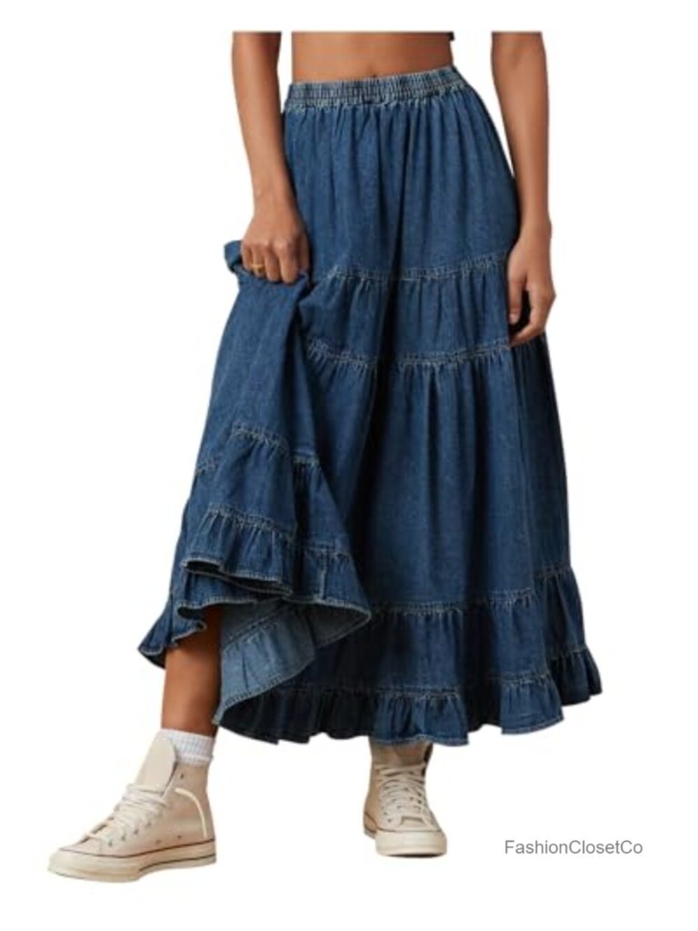 Women's Chambray Denim Maxi Skirt Tiered Ruffle A-Line Jean